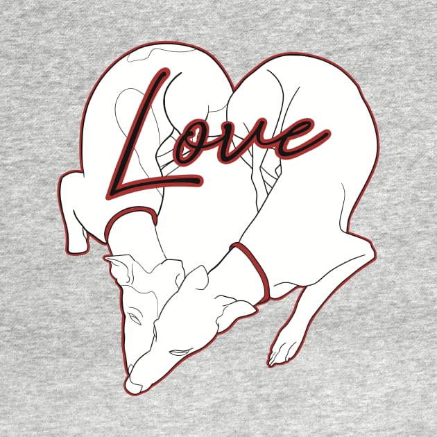 Adorable Greyhound dog design shaped in a heart with the word love inside, with red details by This Iggy Life